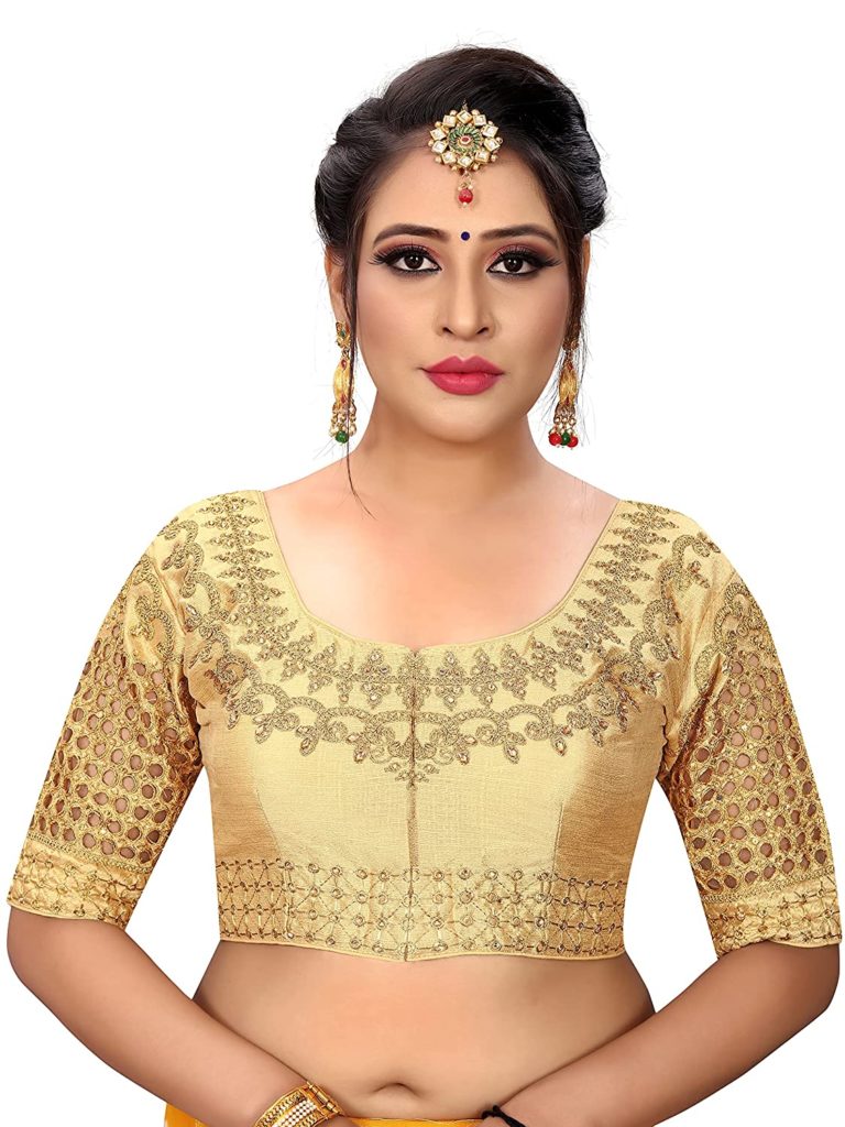 gold designer blouse with embroidered sleeves