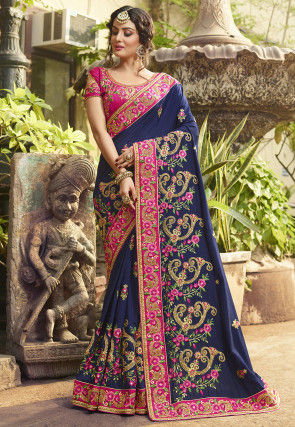 Dark Blue Embroidered Silk Sari