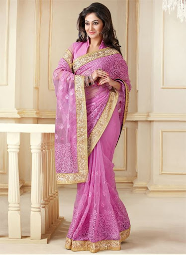 pink net saree with golden border